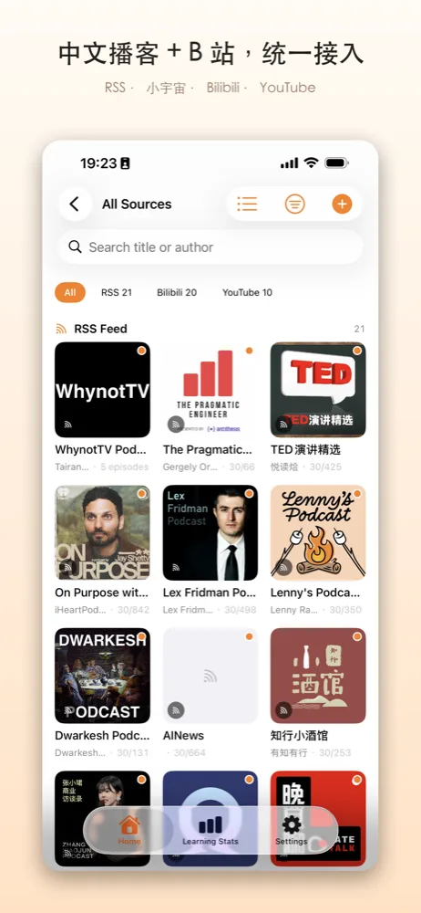 中文播客 + B 站 + YouTube 统一接入