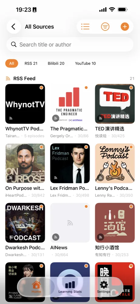 全部来源页：RSS、Bilibili、YouTube 订阅网格